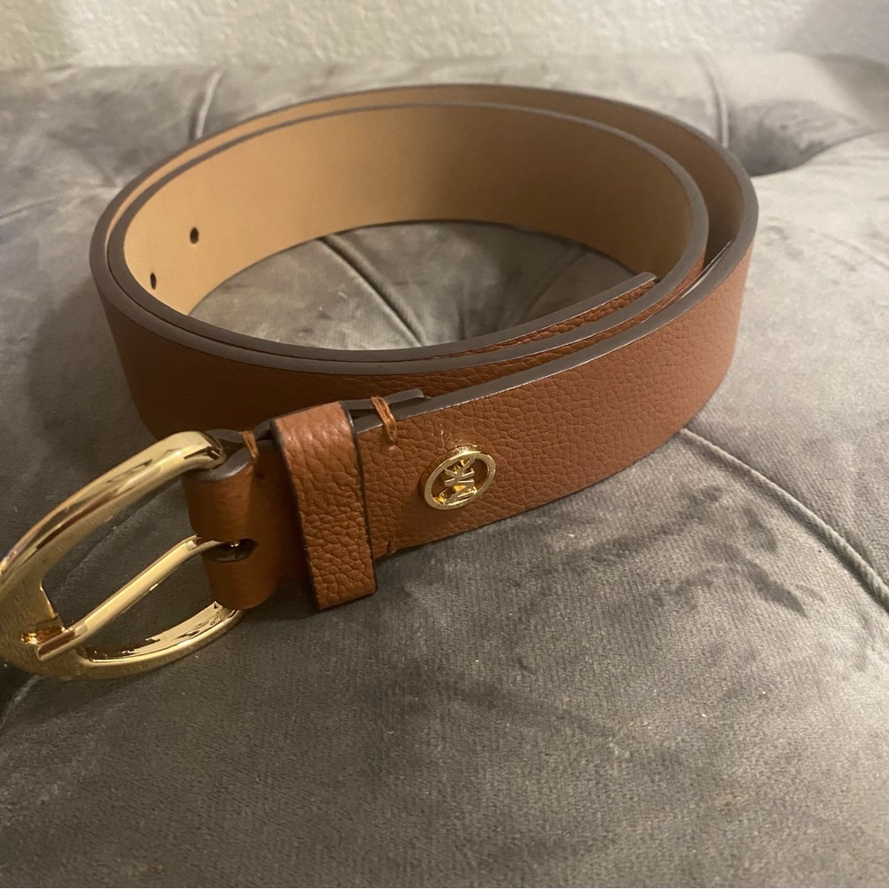 New Michael Kors Brown Pebbled Leather Belt With Hamilton Lock Gold - Size M - Picture 4 of 5